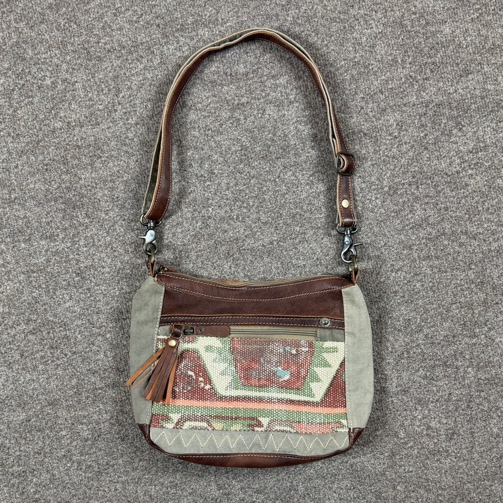 Aztec Green Canvas Brown Leather Trim Hobo Shoulder Crossbody Bag Fringe Tassle